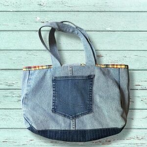 Casual Handmade Denim Tote with Pocket and Plaid Inside